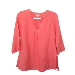 Eileen Fisher Womens Coral Pink 100% Irish Linen Sequin V-Neck Boho Tunic Top XS